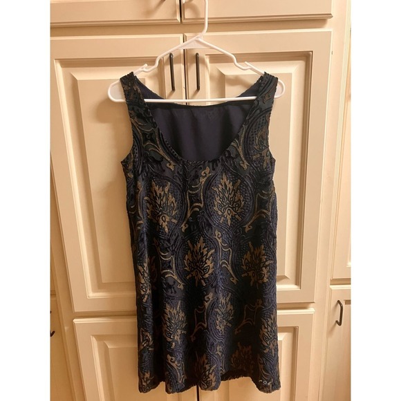 LOFT Sleeveless Dress XS Blue Tan Knee Length Zip Up Low Back Lined Summer Scoop - Picture 2 of 5